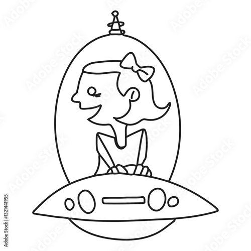 Girl in Spaceship: A line-art illustration of a girl in a futuristic spaceship, expressing wonder.