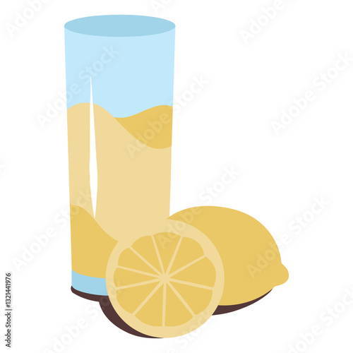 Refreshing Lemonade: A vibrant illustration features a tall glass of fresh lemonade with a bright yellow lemon and a sliced half, perfect for a summer refreshment.