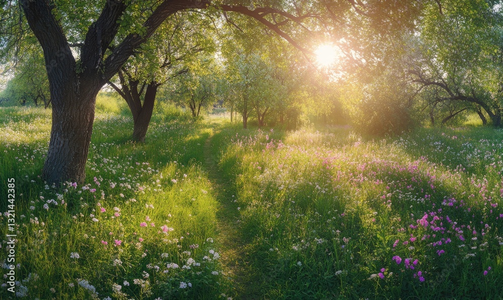 Sunlit Meadow Path Through Lush Spring Woods Sunlit Meadow Path Through Lush Spring Woods