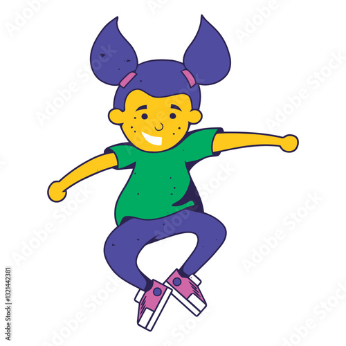 Playful Leap of a Young: A joyful image captures the spirited leap of a young girl. The image conveys a sense of energy, exuberance, and carefree joy. 