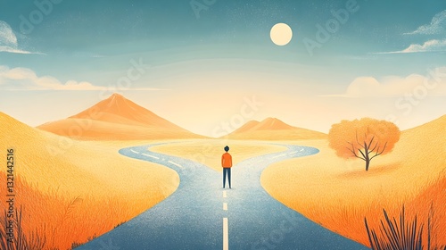 Illustration of a person standing at a fork in the road with two paths.