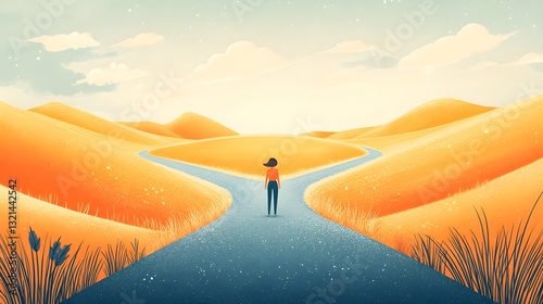 Illustration of a person standing at a fork in the road with two paths.