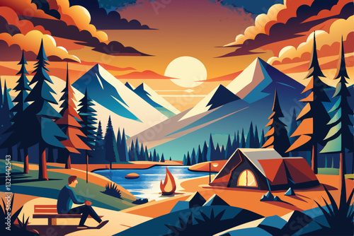 Calm lakeside camping scene with starlit sky and vibrant sunset colors vector illustration. Camping adventure with a tent and a canoe under a starry night sky in a forest setting illustration