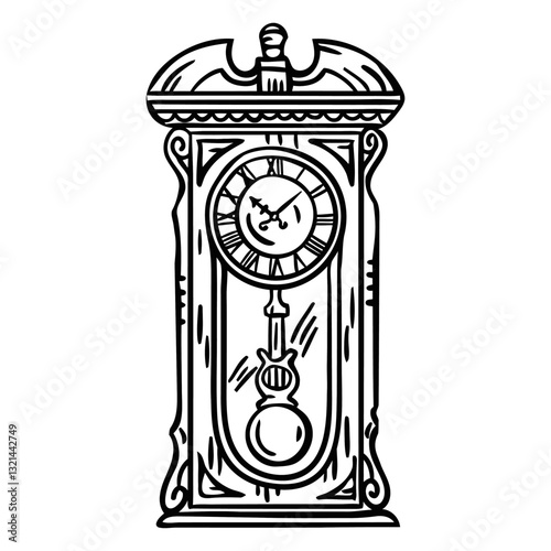 Timeless Precision: A classic pendulum clock, rendered in an elegant black and white outline, exudes a sense of history and the enduring passage of time.
