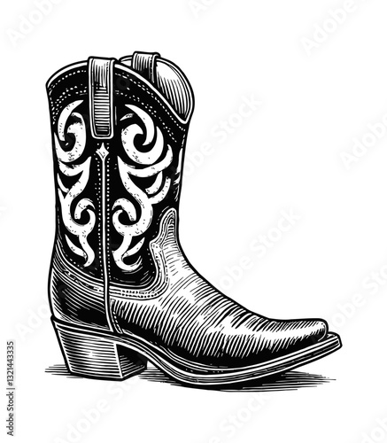 Cowboy Boot with Swirl Design, Western Footwear, Fashionable Leather Heel Boot