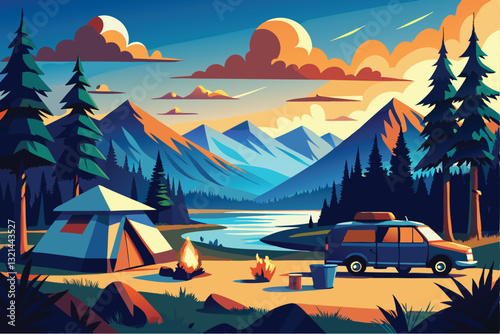 Calm lakeside camping scene with starlit sky and vibrant sunset colors vector illustration. Camping adventure with a tent and a canoe under a starry night sky in a forest setting illustration