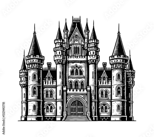 Illustration of an old castle or palace with towers on a white background