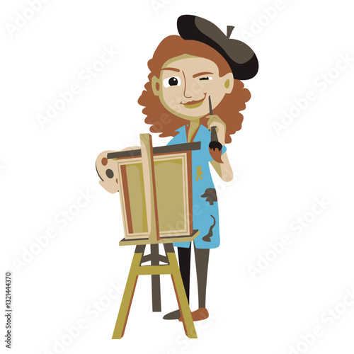 Artist at Work: A whimsical illustration of a female artist, wearing a beret, happily painting on an easel. The image is vibrant and cheerful, capturing the joy of artistic expression.