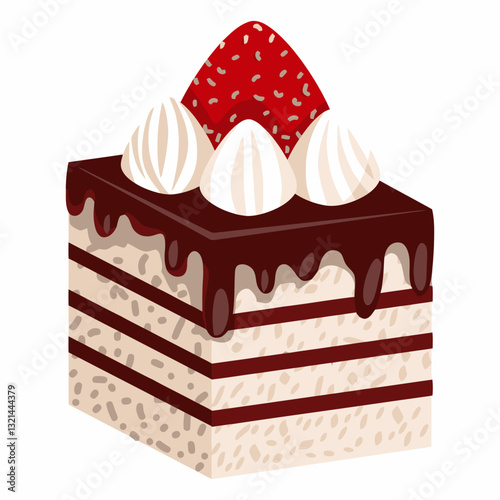Decadent Delights: A single slice of exquisitely decorated cake, featuring layers of sponge, rich chocolate ganache, fresh cream, and a vibrant strawberry.