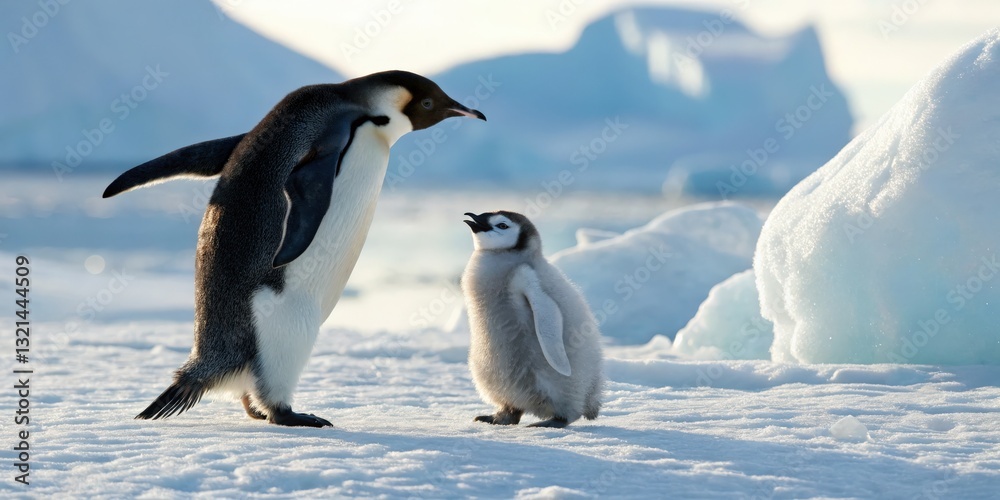 Fototapeta premium Penguin parenting interaction antarctic ice wildlife photography frozen landscape close-up view nurturing behavior