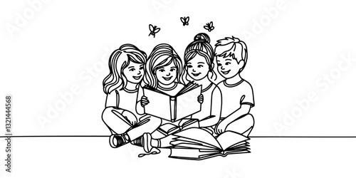 continuous line of group of children reading books.abstract minimalist lines of children reading books together.concept of world book day drawn in one line.isolated white backgroundWeb