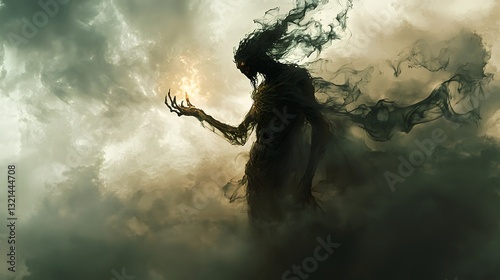 53. A shadowy trickster god emerging from swirling mist, holding a glowing relic