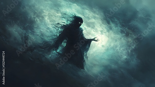 53. A shadowy trickster god emerging from swirling mist, holding a glowing relic photo