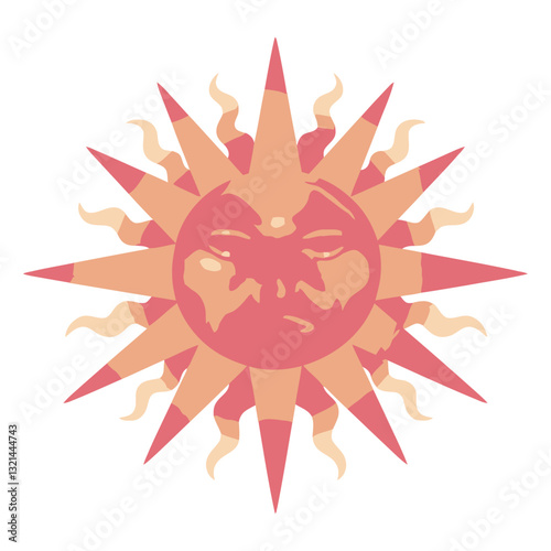 Celestial Radiance: A vibrant sun with stylized rays emanates warmth and energy, its serene face embodying the spirit of enlightenment and positivity. 