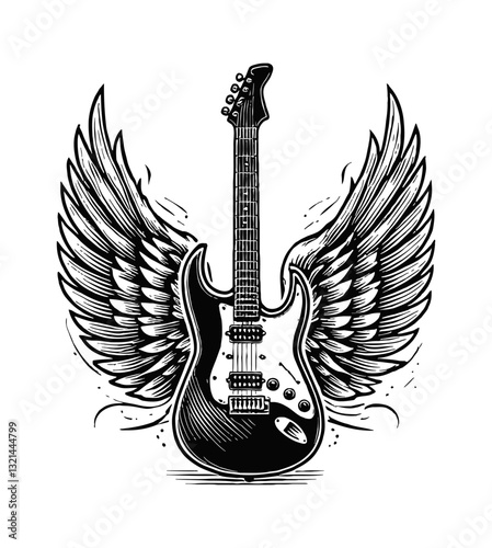 Electric guitar with wings, musical concept, rock music instrument with feathered appendages