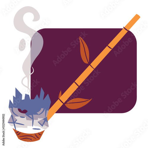 Zen-like Fire: A minimalist illustration of a bamboo stick resting upon a minimalist fire pit, with an expressive fire design releasing smoke rising upwards, set against an abstract backdrop.