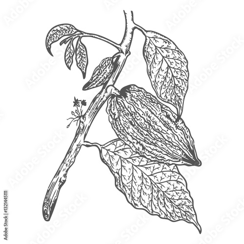 Cocoa Plant Illustration: A detailed and artistic illustration of a cocoa plant branch, complete with vibrant leaves and the iconic cocoa pod.
