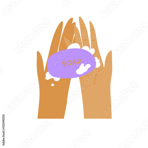 Hand Hygiene with Soap: A vector-style illustration showcases hands cradling a soap bar, surrounded by frothy bubbles, promoting essential hygiene practices.