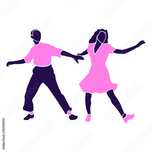 Dancing silhouettes: A captivating portrayal of a couple caught in mid-dance, their forms rendered in a minimalist, clean style. The dynamic composition evokes motion and rhythm.