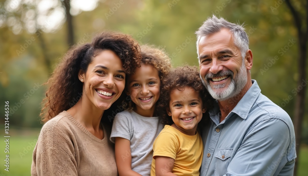 Multi-generational family of four smiling. Mother, father hold young curly hair kids. Grandpa embraces grandchildren. Happy family time. Family bonding, affection, love. Outdoors. Casual clothes. Multi-generational family of four smiling. Mother, father hold young curly hair kids. Grandpa embraces grandchildren. Happy family time. Family bonding, affection, love. Outdoors. Casual clothes.