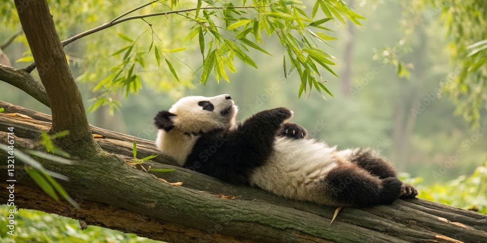 Fototapeta premium Panda relaxing on a log bamboo forest wildlife photography peaceful environment close-up view nature's serenity