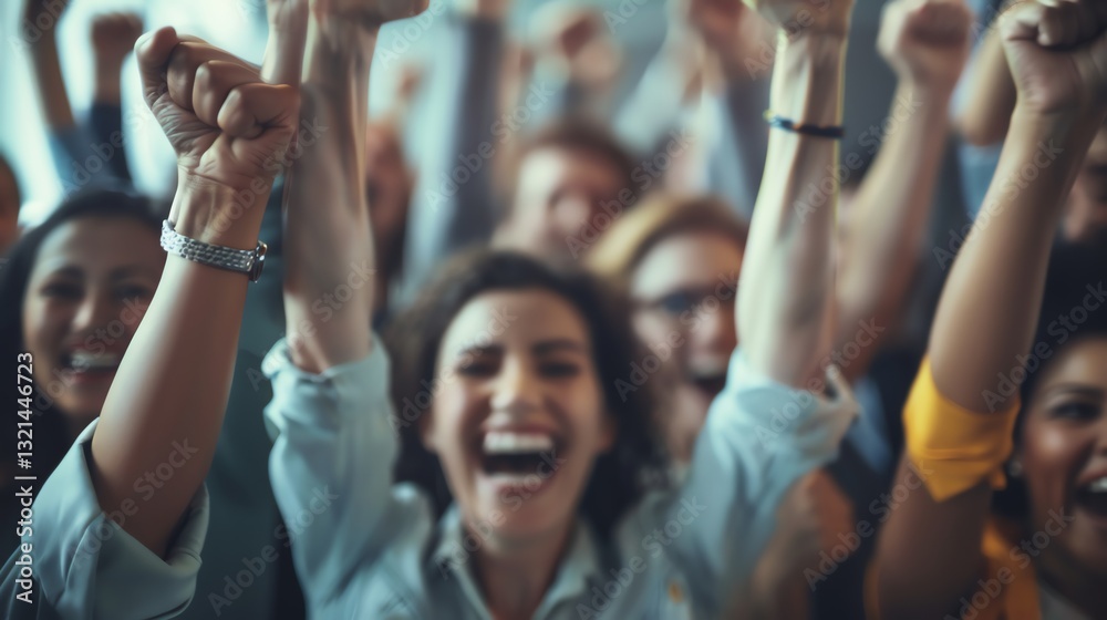 Obraz premium Celebrating Business People Raising Arms with Cheerful Smiles in Office