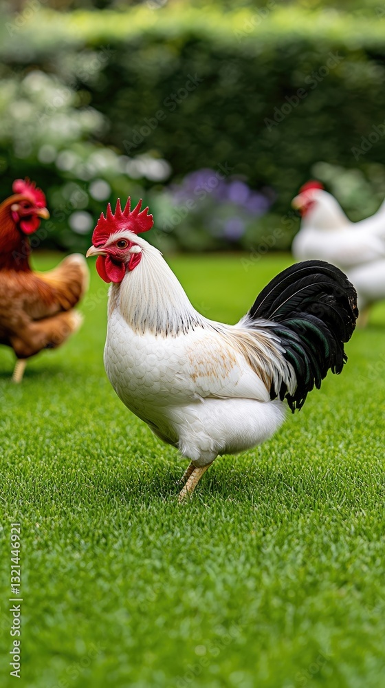 Fototapeta premium A striking black rooster with a white head and red tail stands on lush green grass, surrounded by other chickens searching for food