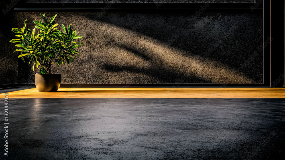 Obraz premium A potted plant sits in an interior space lit by sunlight and shadow