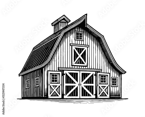 Barn House Exterior with Open Doors and Windows with Gable Roof Construction Style