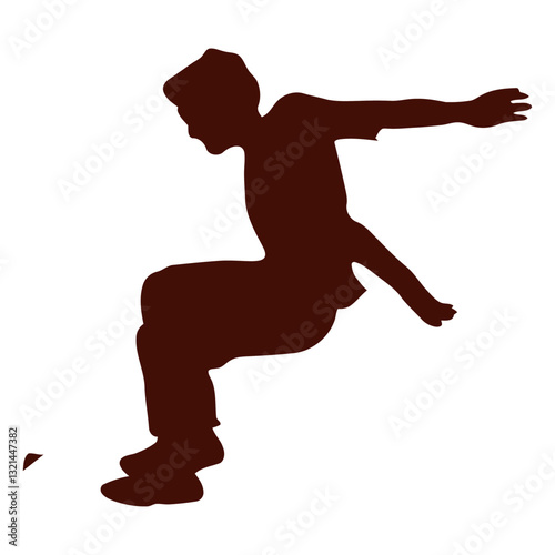 Silhouette Action: The image presents a dynamic silhouette of a person mid-air in a parkour performance, with outstretched arms, capturing the energy of movement and urban exploration. 