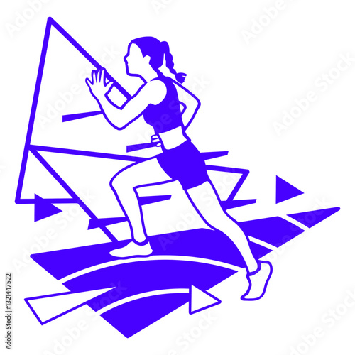 Dynamic Silhouette: A striking blue silhouette of a determined athlete in full stride, set against an abstract geometric design, embodies speed and agility.