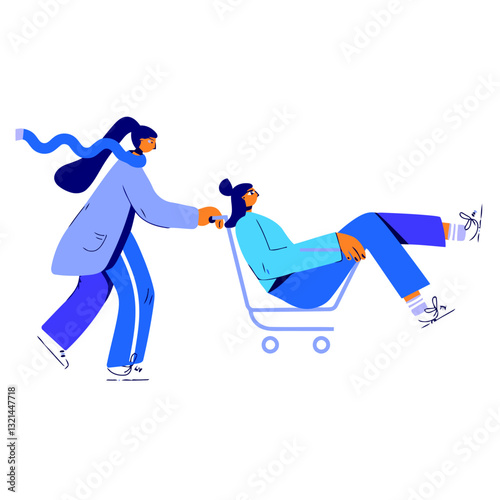 Playful Pursuit: Two figures engage in a lighthearted moment, one pushing the other in a trolley, embodying a carefree interaction filled with friendship and shared joy.