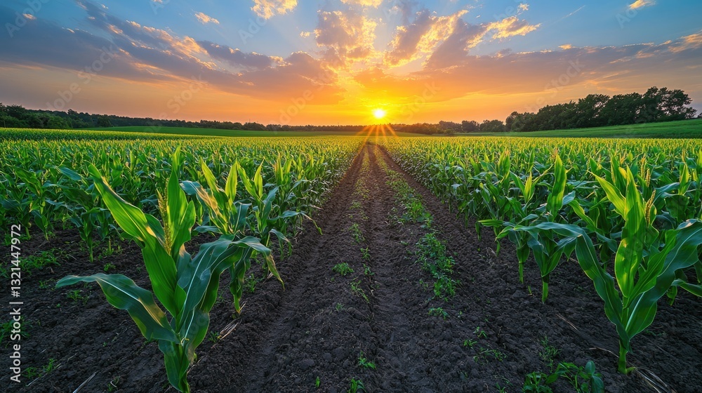 corn field or maize plantation field at agriculture farm in the morning sunrise