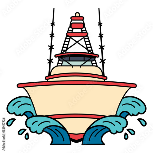 Illustration of Fishing Boat on Wavy Sea: An illustration of vintage fishing boat, the boat is on sea which wave are blue in color.