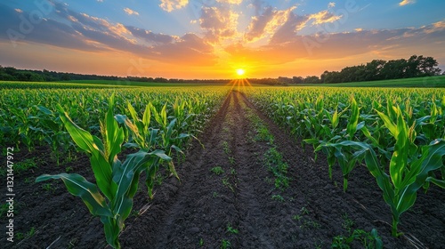 Obraz na płótnie corn field or maize plantation field at agriculture farm in the morning sunrise w salonie
