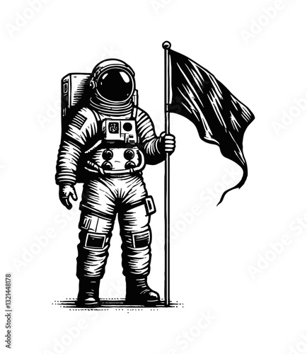Astronaut Holding Flag in Spacesuit Standing Still Space Mission Exploring Future