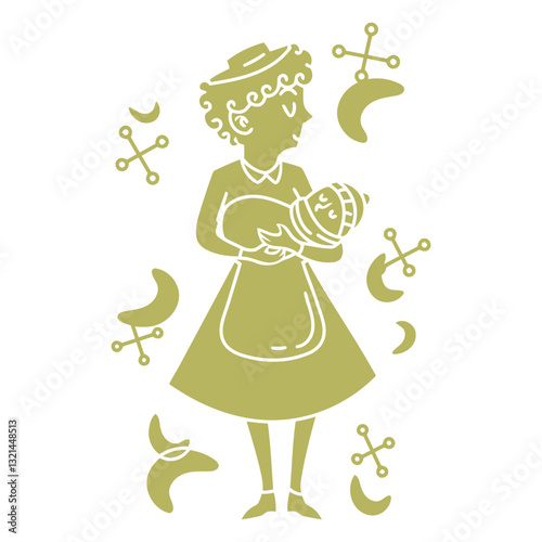 Motherhood in a Vintage Style: A heartwarming vintage-style illustration depicts a mother tenderly cradling her baby, evoking nostalgia and the timeless bond of family.