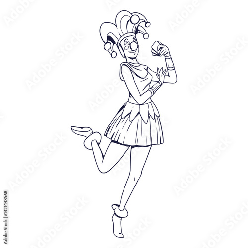 The Jester's Embrace: A playful depiction of a whimsical jester, donned in a vibrant outfit, with a jovial expression, bringing forth merriment and amusement.