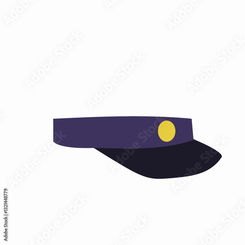 Visor Cap Illustration: A stylish dark purple visor cap with a circular yellow emblem, illustrated in a clean and simple style, perfect for various design projects.