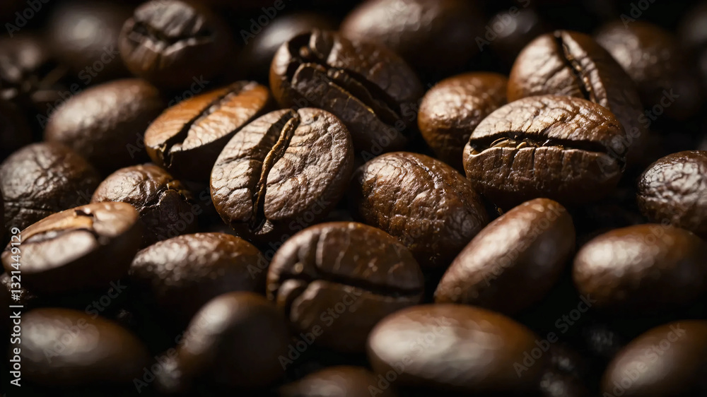 A cinematic, close-up view of freshly roasted coffee beans scattered on a dark, textured surface A cinematic, close-up view of freshly roasted coffee beans scattered on a dark, textured surface