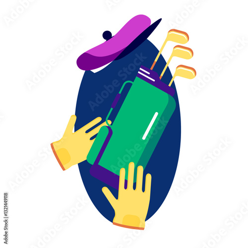 Golf Gear Abstract Illustration: A colorful and abstract illustration of golf gear, including golf clubs, a bag, gloves, and a hat, playfully arranged within an artistic composition.
