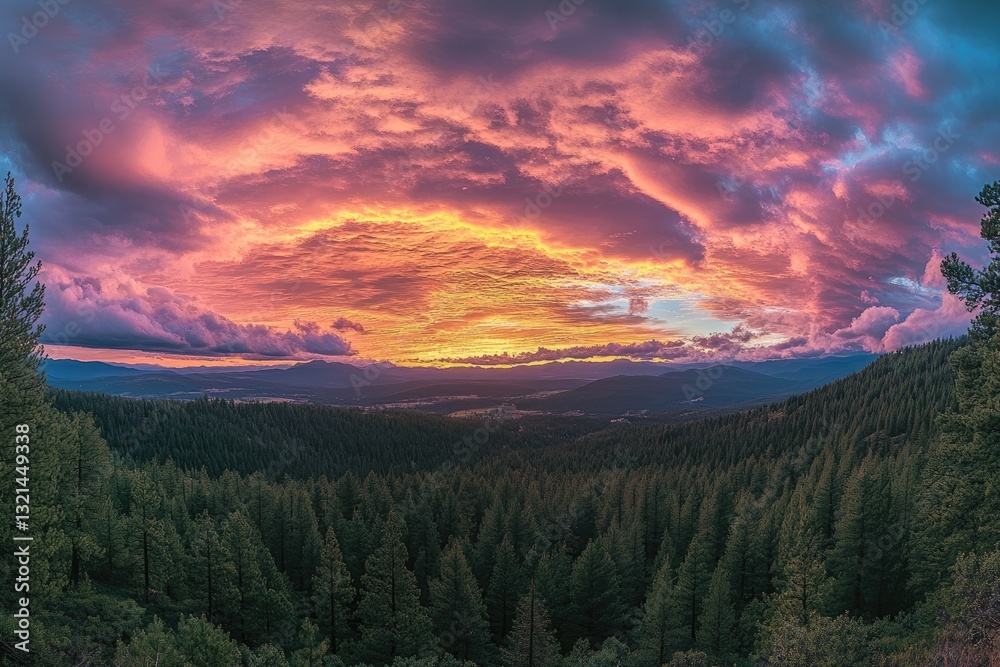 Majestic sunset over a valley nestled amongst pine forests. A vibrant display of colors, from fiery orange to deep purple, illuminates the sky above a tranquil valley, framed by a dense forest Majestic sunset over a valley nestled amongst pine forests. A vibrant display of colors, from fiery orange to deep purple, illuminates the sky above a tranquil valley, framed by a dense forest