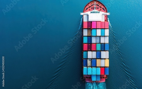 Aerial view of a large cargo vessel navigating through the Suez Canal, representing international trade routes photo