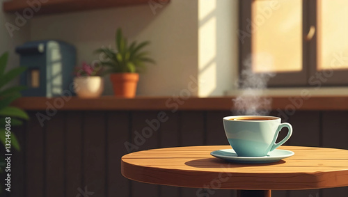 A realistic digital illustration of a quaint coffee shop corner featuring a steaming cup of coffee on a rustic wooden table