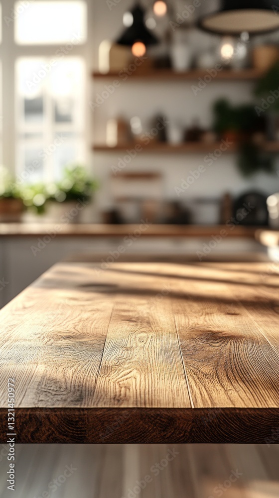 Sunlight dances on the smooth surface of a rustic wood table as it stands in the foreground of a softly blurred kitchen. The inviting space hints at joyful culinary moments and gatherings Sunlight dances on the smooth surface of a rustic wood table as it stands in the foreground of a softly blurred kitchen. The inviting space hints at joyful culinary moments and gatherings