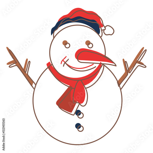 Festive Snowman Illustration: A charming snowman illustration dressed in a festive hat and scarf, inviting warmth and joy, capturing the spirit of winter holiday cheer and winter landscape.