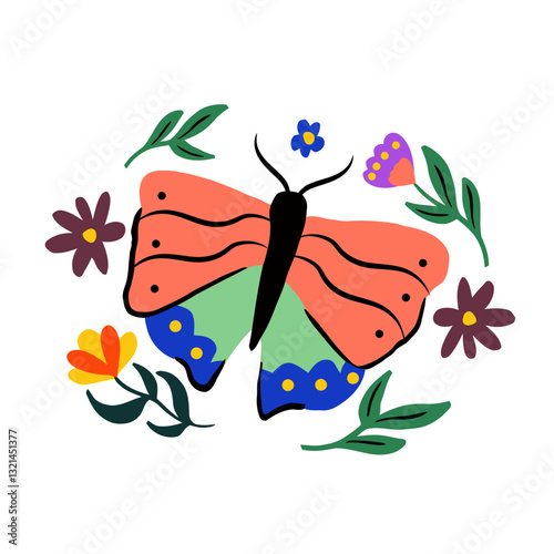 Whimsical Butterfly and Blooms: A colorful and delightful illustration of a butterfly encircled by vibrant flowers and flourishing leaves, bringing a sense of joy and springtime charm.
