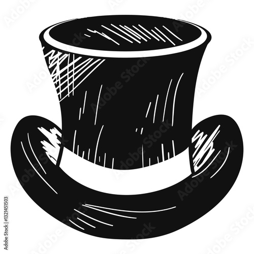 Top Hat: Elegant top hat, a classic symbol of style and sophistication. A monochrome depiction, highlighting its refined form and timeless appeal. 