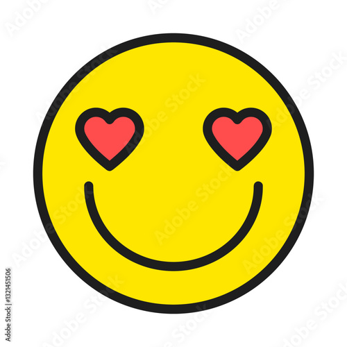 Enchanting Smile: A vector illustration of a cheerful yellow face, with rosy heart-shaped eyes and an upbeat smile, radiating happiness and love.
