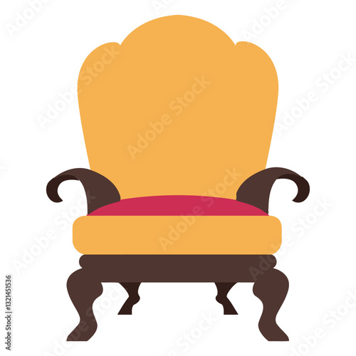Elegant Armchair Illustration: A stylish illustration of an elegant armchair with a high back, curved arms, and cabriole legs, upholstered in mustard yellow fabric with a crimson seat cushion.